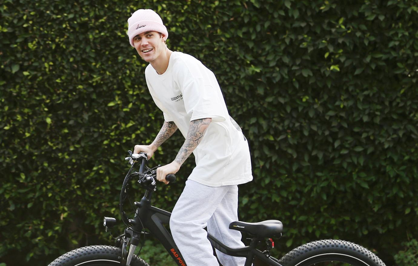 Justin Bieber riding a bike in Calabasas