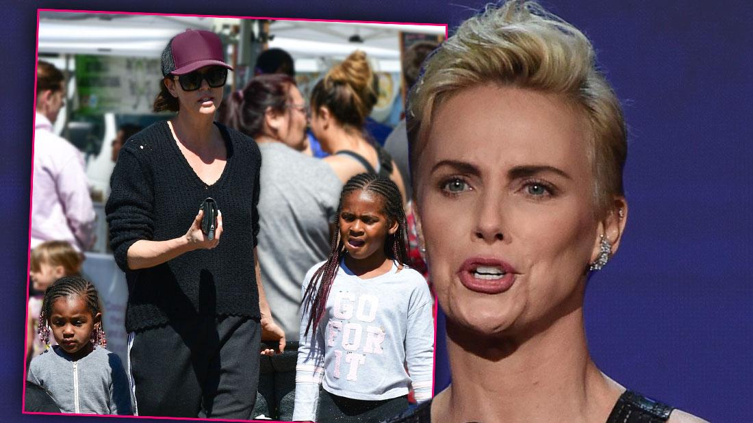 Inset of Charlize Theron Wearing Sunglasses, Baseball Cap and Sweater Shopping With Her Two Children, Charlize Theron Speaking Looking Left