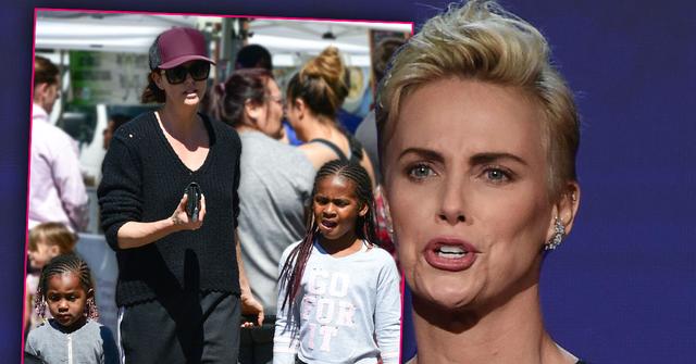 Inset of Charlize Theron Wearing Sunglasses, Baseball Cap and Sweater Shopping With Her Two Children, Charlize Theron Speaking Looking Left