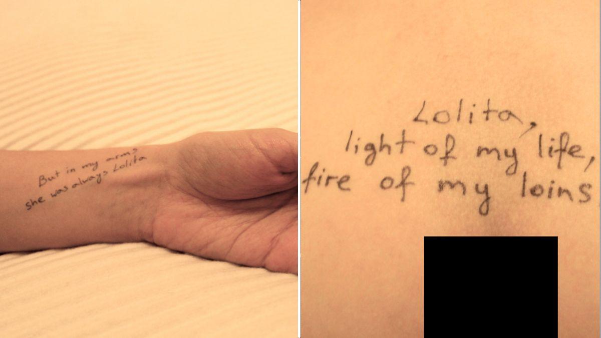 Photo of body parts inscribed with passages from Vladimir Nabokov's Lolita