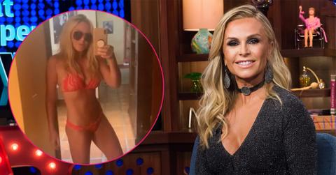 Tamra Judge wears a black sweater. Inset left, Tamra Judge wears an orange bikini.