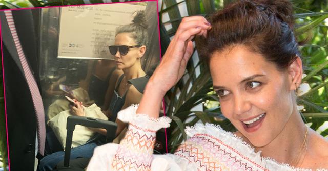 Inset of Katie Holmes Rides NYC Subway in Overalls and Sunglasses next to Katie Holmes in White Off the Shoulder Top