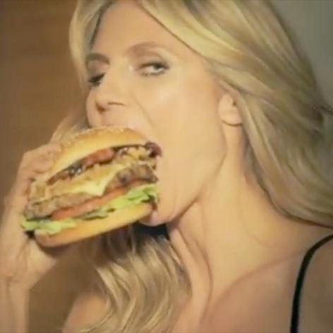 //heidi klum carls jr burger comercial square