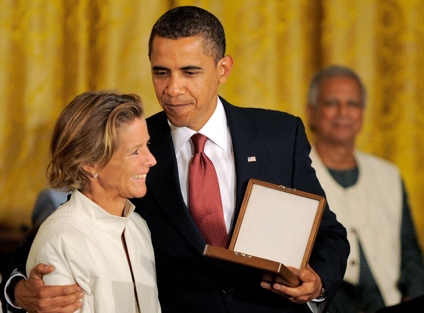 US President Barack Obama embraces Kara Kennedy who accepts the 2009 Medal of Freedom on behalf of her father, U.S. Senator Edward M. 'Ted' Kennedy Medal of Freedom Award Presentation at the White House, Washington DC, America