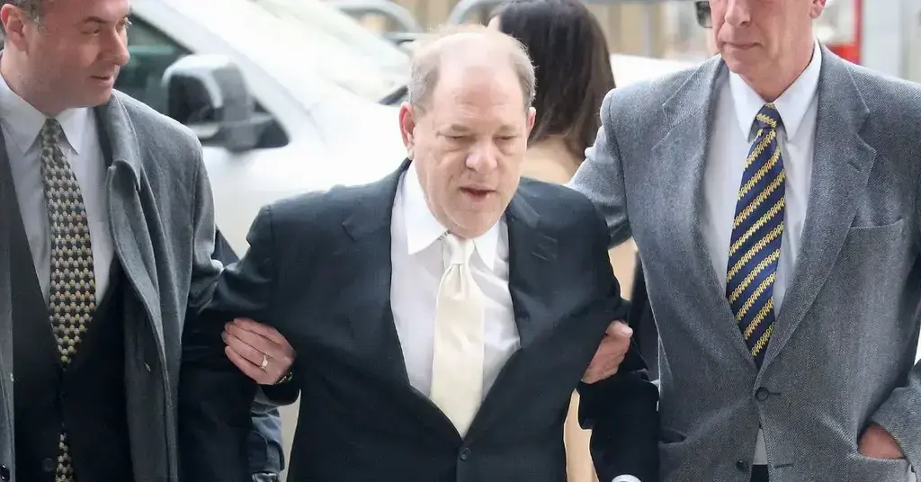 Harvey Weinstein being held on either side by security.