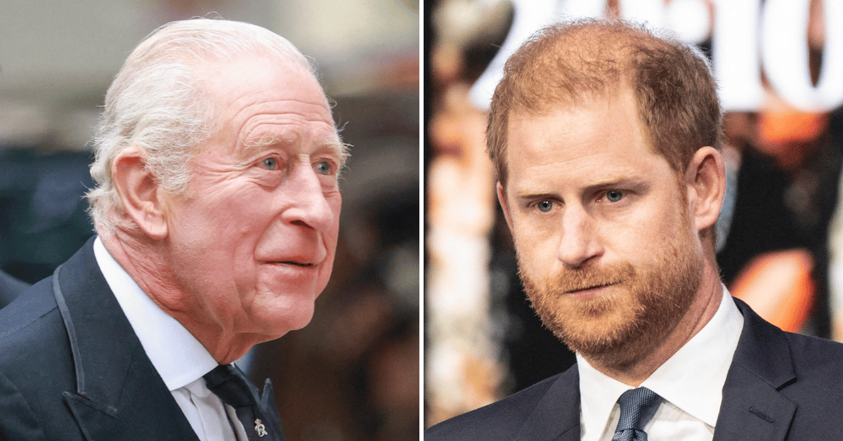 Split photo of King Charles III and Prince Harry