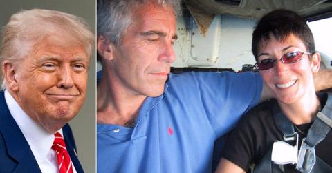 split photo of Donald Trump and Jeffrey Epstein with Giselle Maxwell