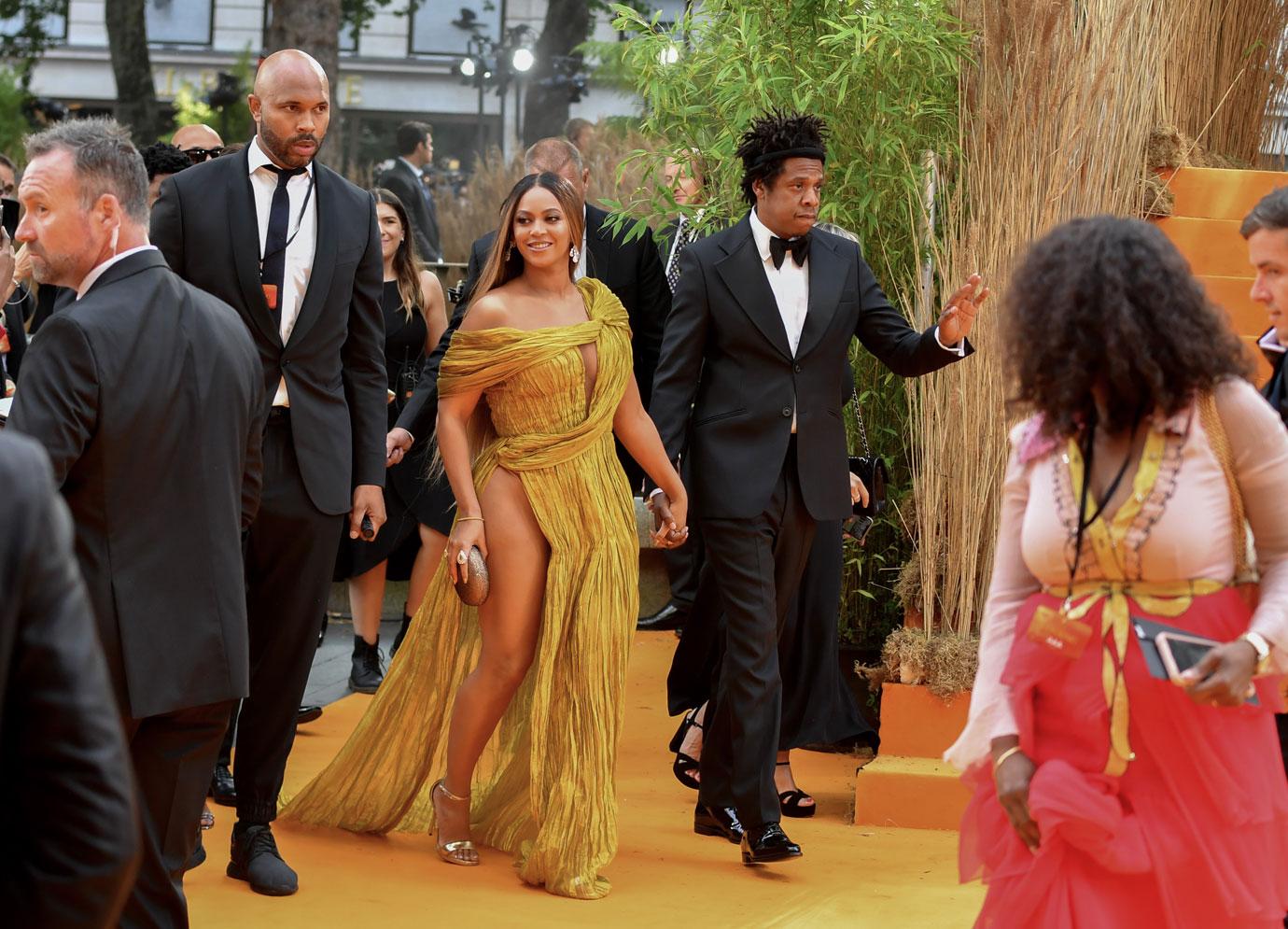 Beyonce Knowles-Carter and Jay-Z attend the European Premiere of Disney's "The Lion King" at Odeon Luxe Leicester Square on July 14, 2019 in London, England.