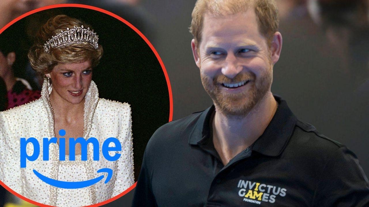Split photos of Prime logo, Prince Harry and Princess Diana 