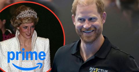 Split photos of Prime logo, Prince Harry and Princess Diana