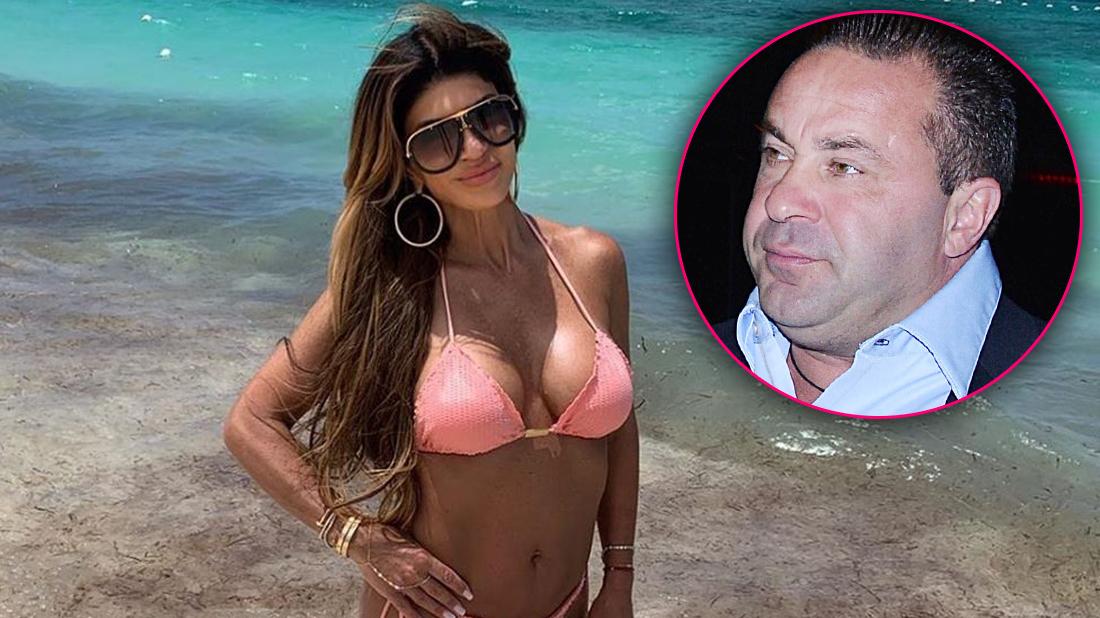 Teresa Giudice Poses In Pink Bikini On the Beach Smiling With Inset of Joe Giudice Looking Upset