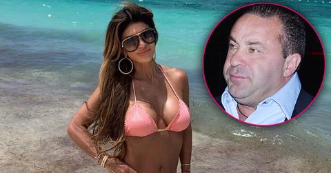 Teresa Giudice Poses In Pink Bikini On the Beach Smiling With Inset of Joe Giudice Looking Upset