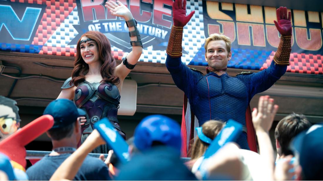 Homelander from Amazon's The Boys waves at the crowd