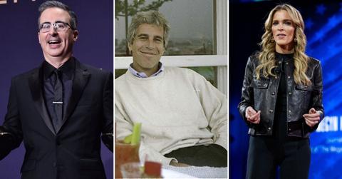 Composite photo of John Oliver, Jeffrey Epstein and Megyn Kelly