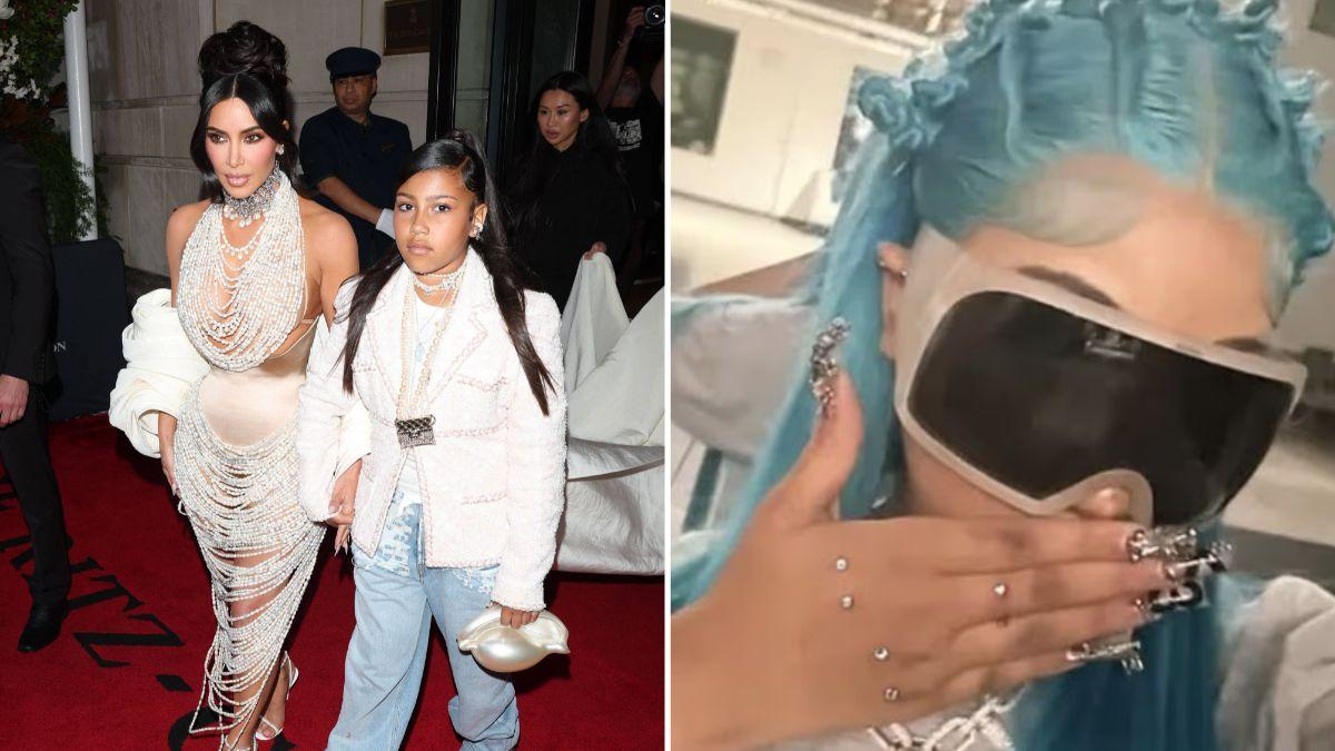 Photo of Kim Kardashian and North West split with a photo of North West with hand piercings