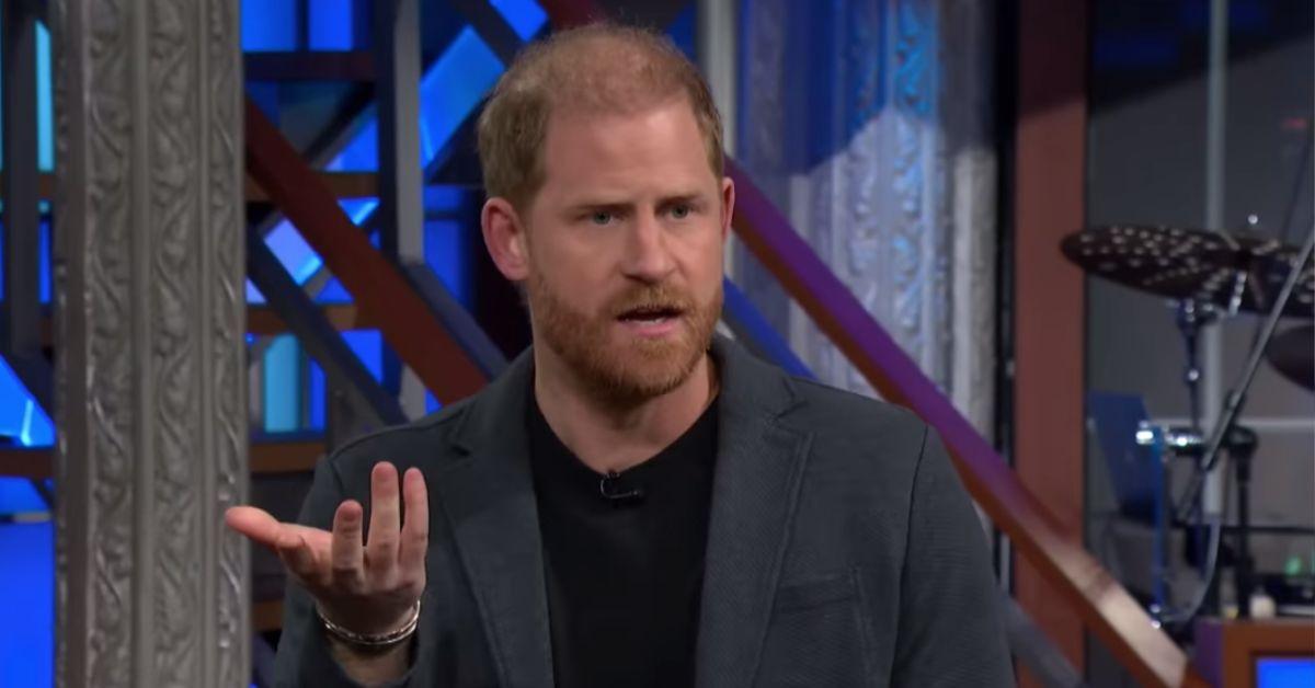 picture of Prince Harry and stephen colbert