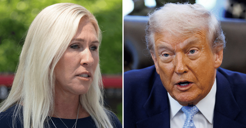 Split photo of Marjorie Taylor Greene, Donald Trump
