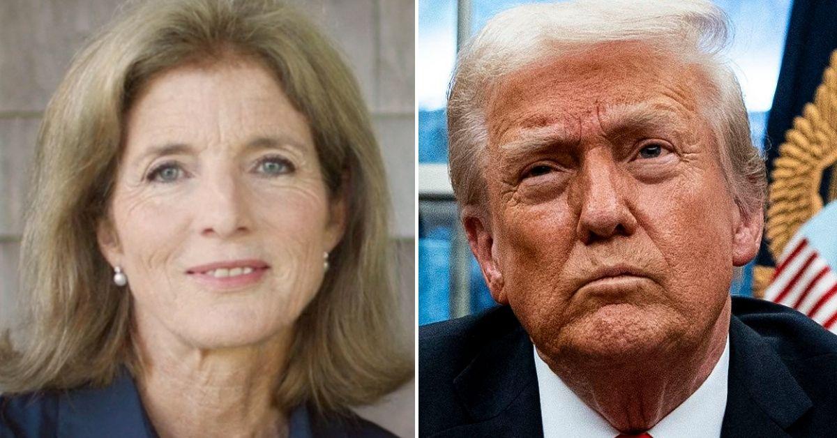 Split photo of Caroline Kennedy, Donald Trump.