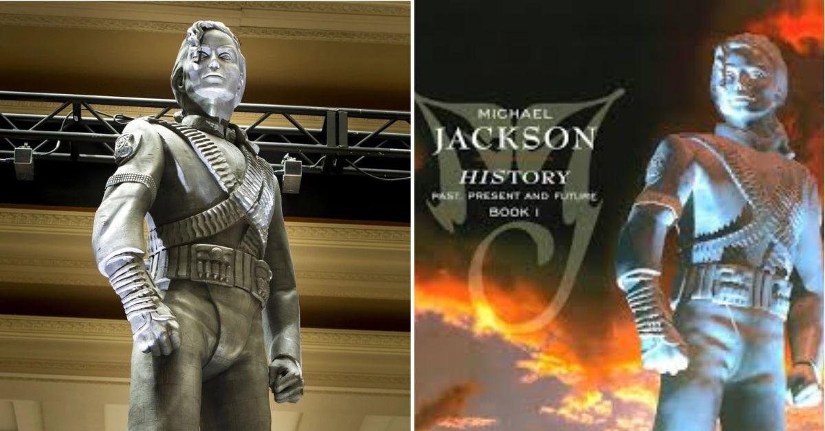 split photo of Michael Jackson statue and album cover