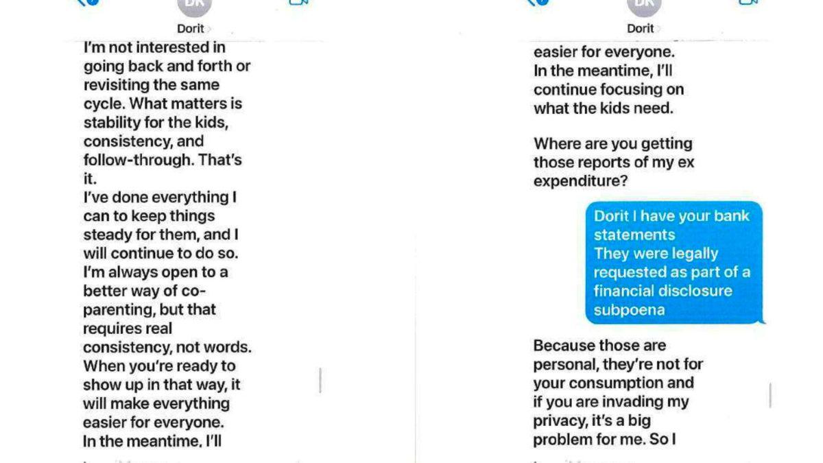 Photo of Dorit Kemsley, Paul 'PK' Kemsley text exchange