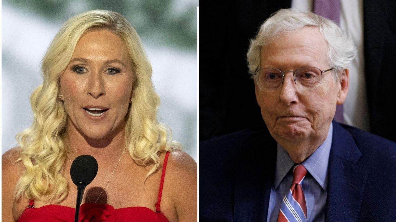 split image of Marjorie Taylor Greene and Mitch McConnell