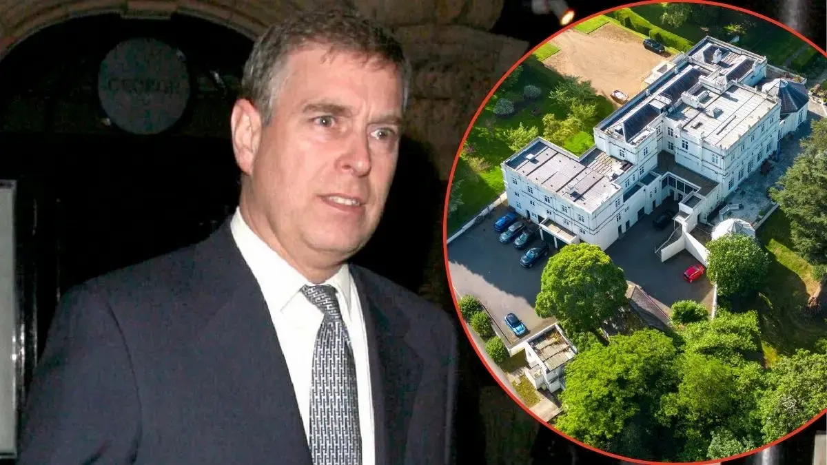 Split photo of Andrew Windsor and Royal Lodge