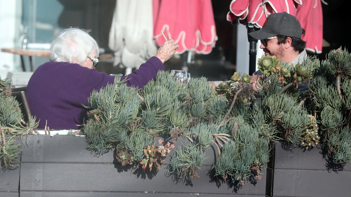 image of MacLaine linked arms with her companion as they exited the restaurant following a low-key birthday meal.