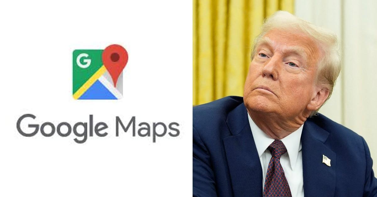 Split photo of Google Maps, Donald Trump