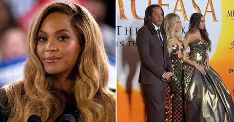 Split photo of Beyonce, Jay-z, Beyonce and Blue Ivy on red carpet.