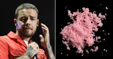 Split photo of Liam Payne and pink cocaine.
