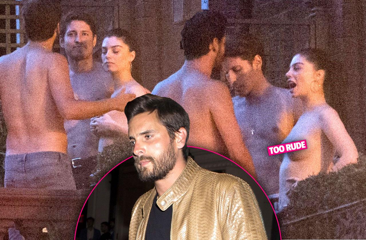 //scott disick shirtless woman topless balcony london pp