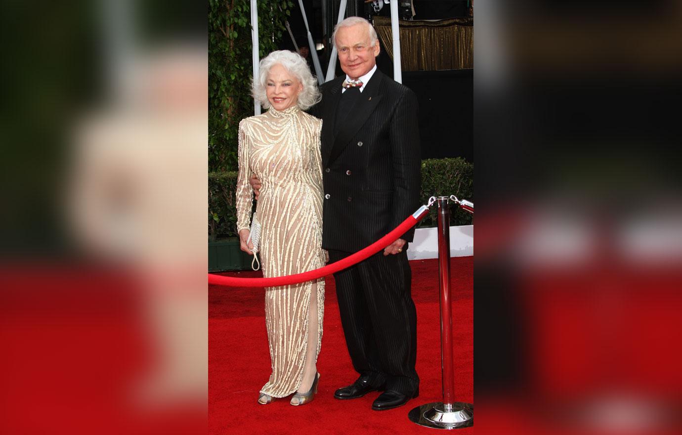 Astronaut Buzz Aldrin (R) and his wife Lois Driggs Cannon arrive at the 14th annual Screen Actors Guild awards held at the Shrine Auditorium on January 27, 2008 in Los Angeles, California.