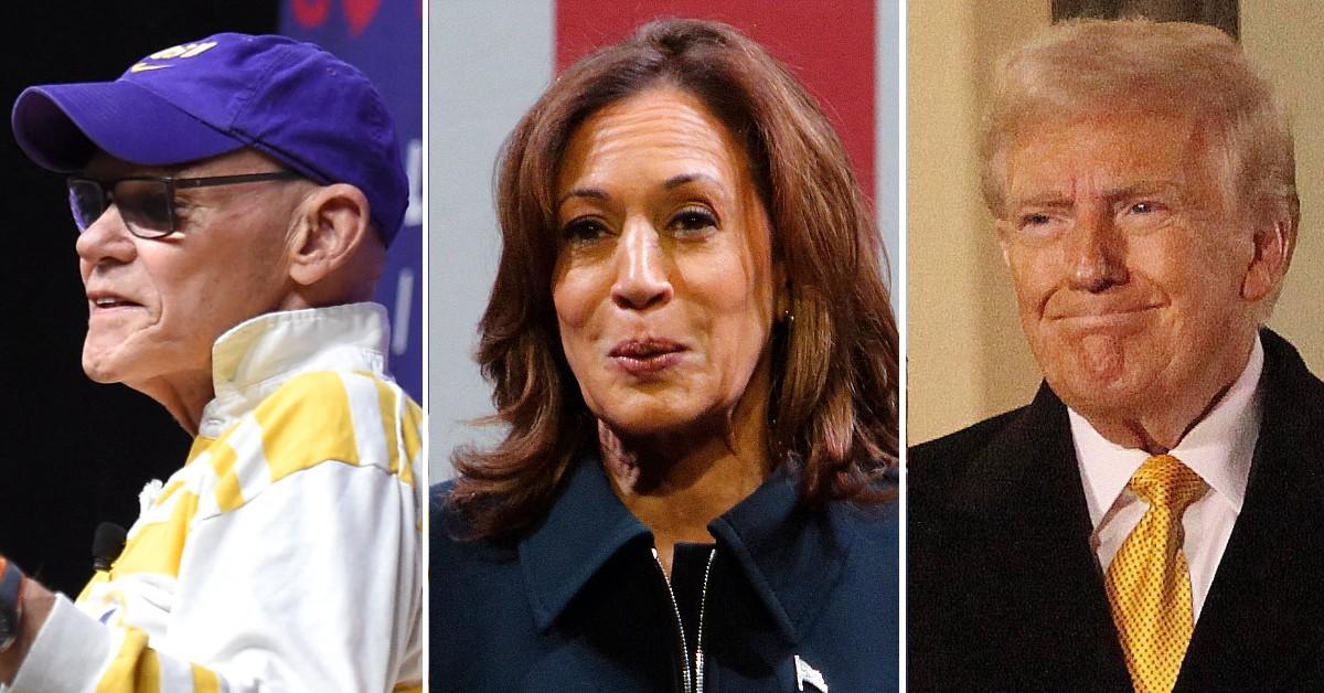 Composite photo of James Carville, Kamala Harris, Donald Trump