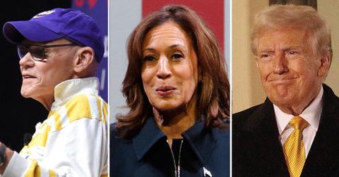 Composite photo of James Carville, Kamala Harris, Donald Trump