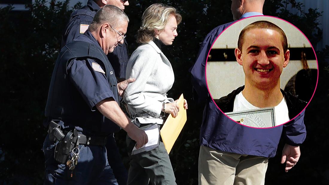 Michelle Carter, center right, is escorted to a parole hearing, in Natick, Mass. Carter, who was sentenced to 15 months in jail for urging her suicidal boyfriend via text messages to take his own life, is asking for early release. Inset, Conrad Roy.