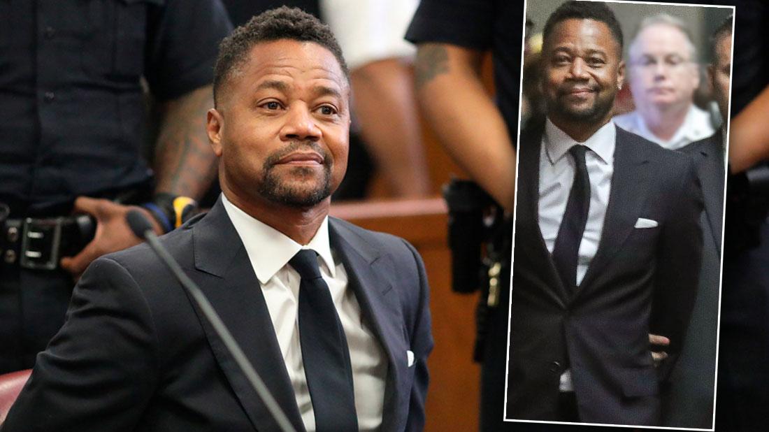 Cuba Gooding Jr. Wearing a Navy Blue Suit and Tie with White Shirt appears in court to face new sexual misconduct charges, Inset Cuba being led into Court