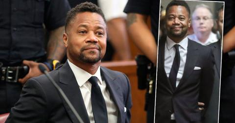 Cuba Gooding Jr. Wearing a Navy Blue Suit and Tie with White Shirt appears in court to face new sexual misconduct charges, Inset Cuba being led into Court