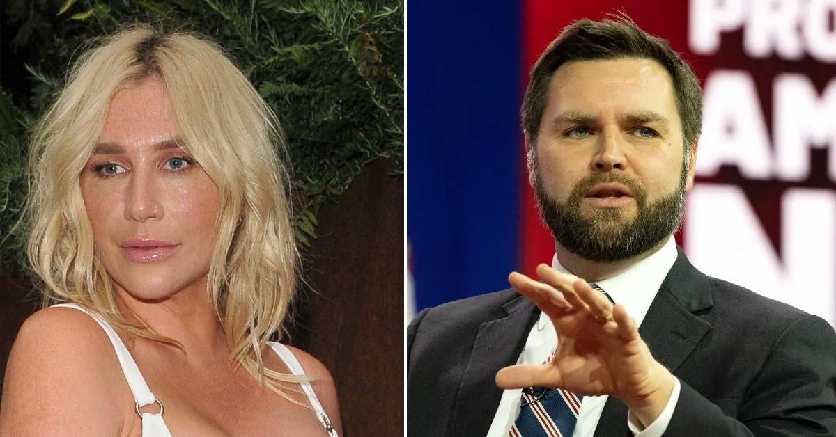 Composite photo of singer Kesha and politician J.D. Vance.