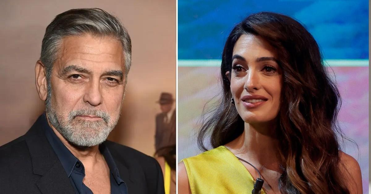 Split photo of George Clooney, Amal Clooney.