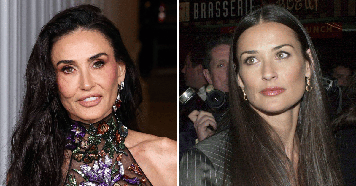Split photo of Demi Moore in 2025, Demi Moore in 2001