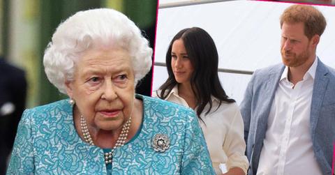 Queen Elizabeth II Wearing Blue Coat and Dress Inset Meghan Markle and Prince Harry