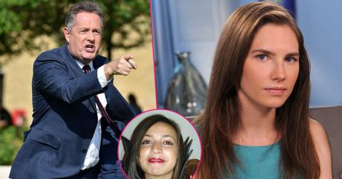 Piers Morgan wears a blue suit and stripped tie, left. Amanda Knox wears a light blue top, right. Meredith Kercher is inset in the center.
