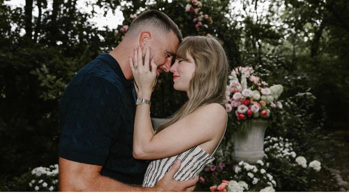 image of Swift and Kelce transformed Madison Square Garden into an enchanted garden complete with towering trees, emerald drapery, and hidden 'magic doors.'