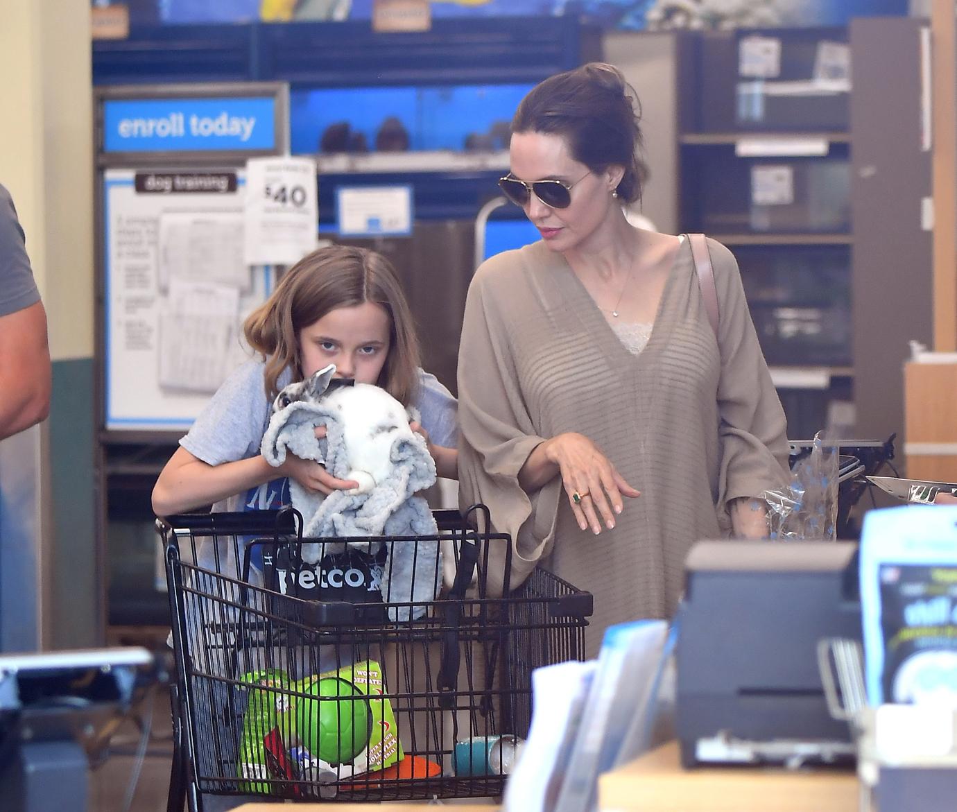 Angelina Jolie takes her daughter Vivienne and their bunny to a pet store for toys and treats. Angelina, joined by her daughter and a bodyguard, spent about 20 minutes at a local Petco shopping for things for their bunny.