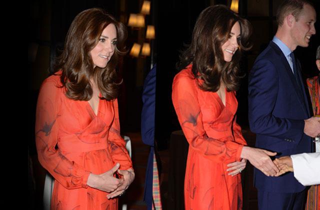 //kate middleton bhutan red dress skinny baby bump pp