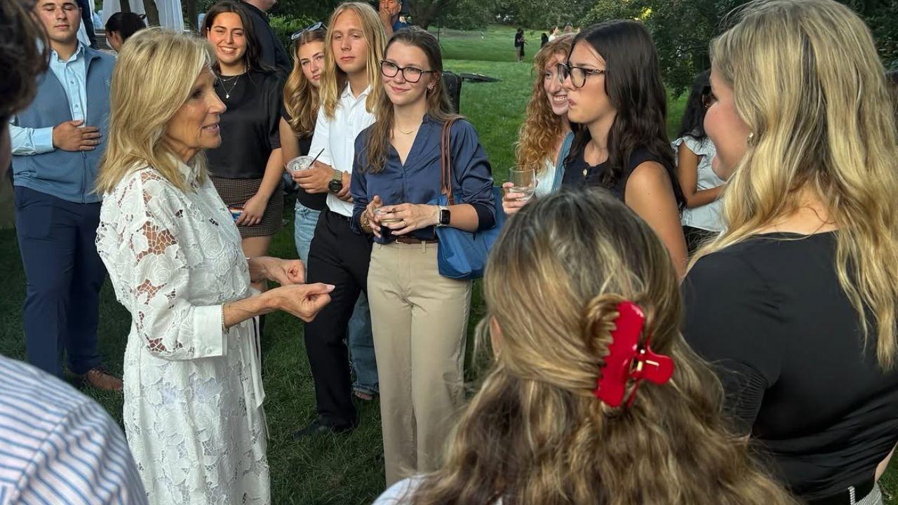 A photo of Jill Biden speaking with students
