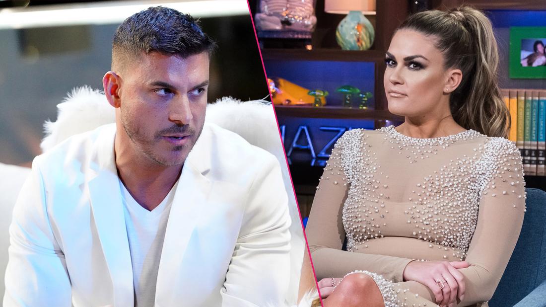 Jax Taylor wears a white suit, left, Brittany Cartwright wears a beige dress.