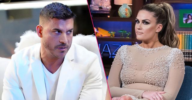 Jax Taylor wears a white suit, left, Brittany Cartwright wears a beige dress.