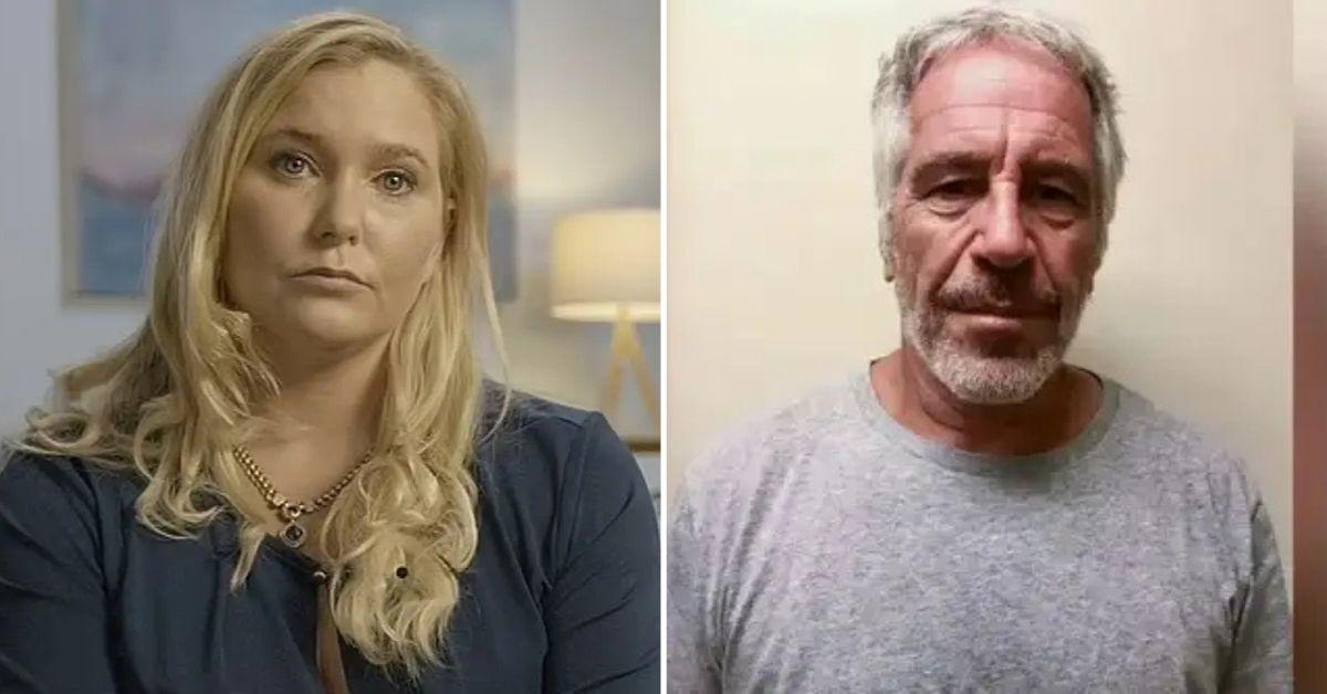 split photo of virginia giuffre and Jeffrey Epstein 
