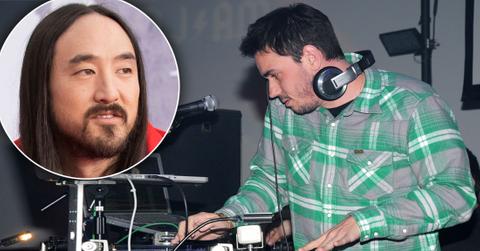 Inset Of Closeup Of Steve Aoki, DJ AM, Adam Goldstein Wearing Green, Gary and White Plaid Shirt DJing